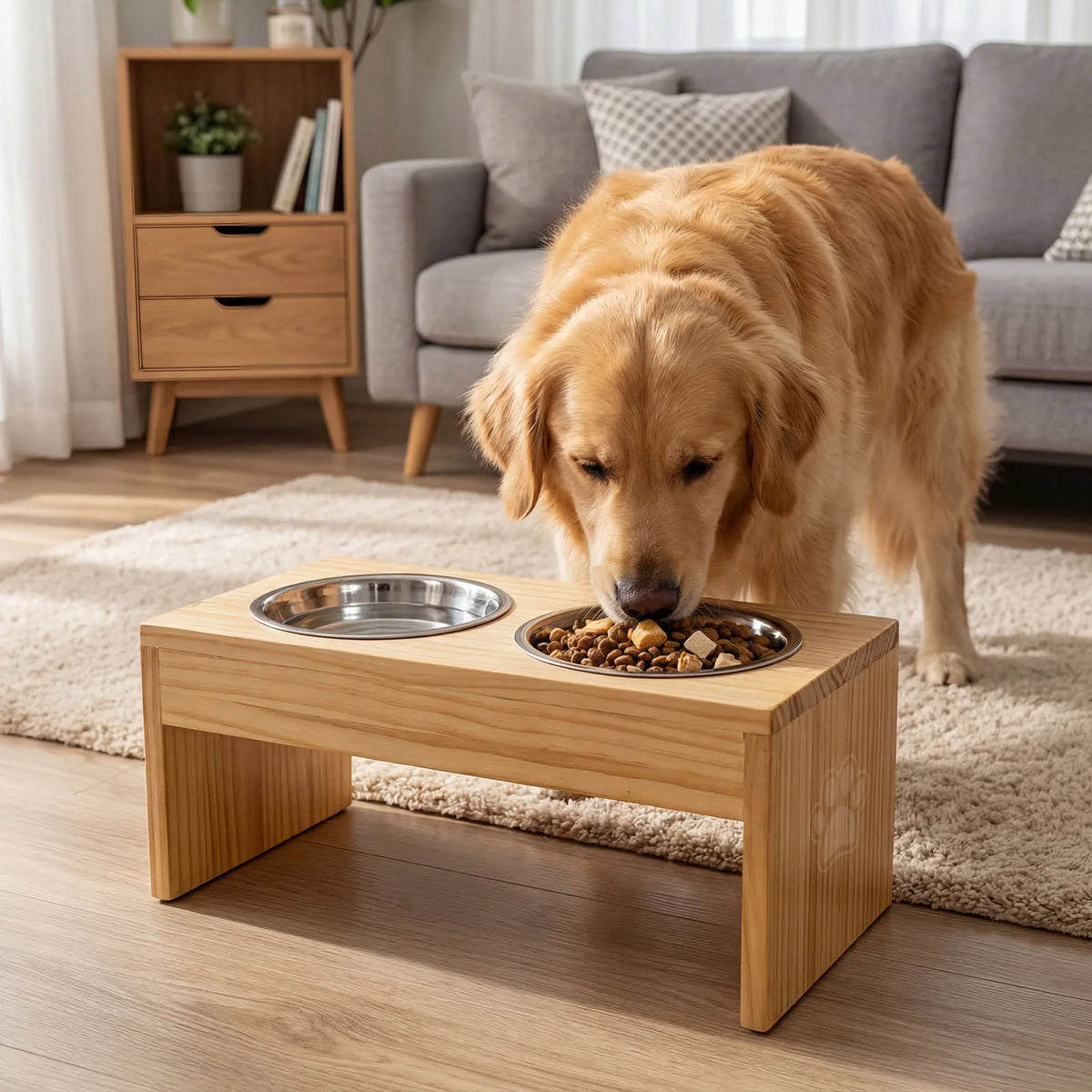 Wooden Elevated Dog Feeder With Stainless Steel Double Bowls
