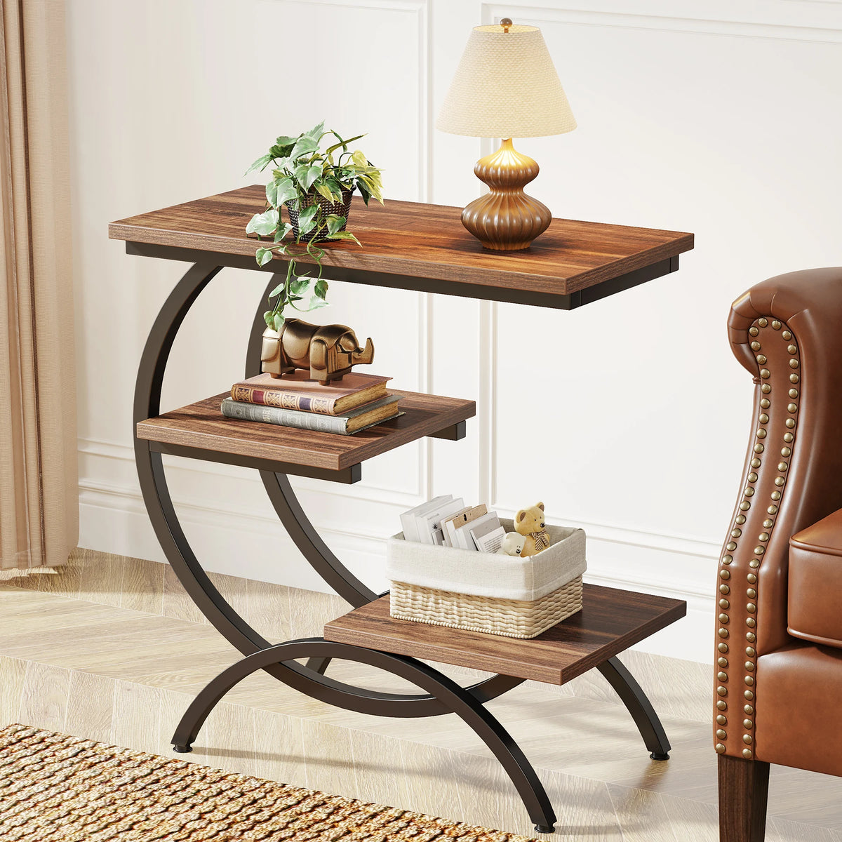 Tribesigns Industrial C Shaped End Table With Three Tier Storage