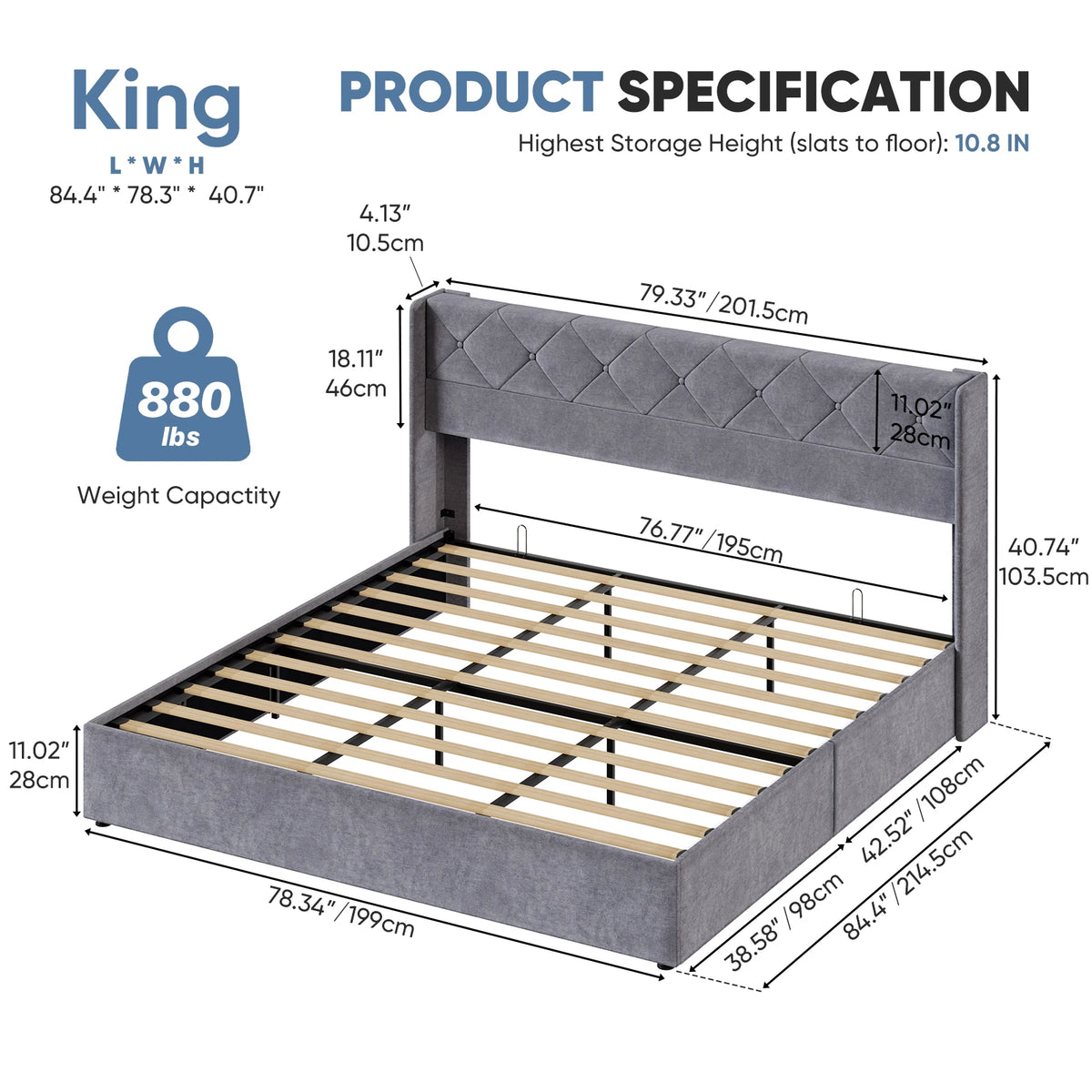 JHK Modern Upholstered Wingback Platform Bed With Hydraulic Lift Storage