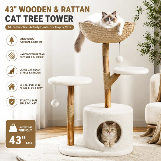 Elegant Wooden Cat Tree Tower Featuring Rattan Perches For Cats