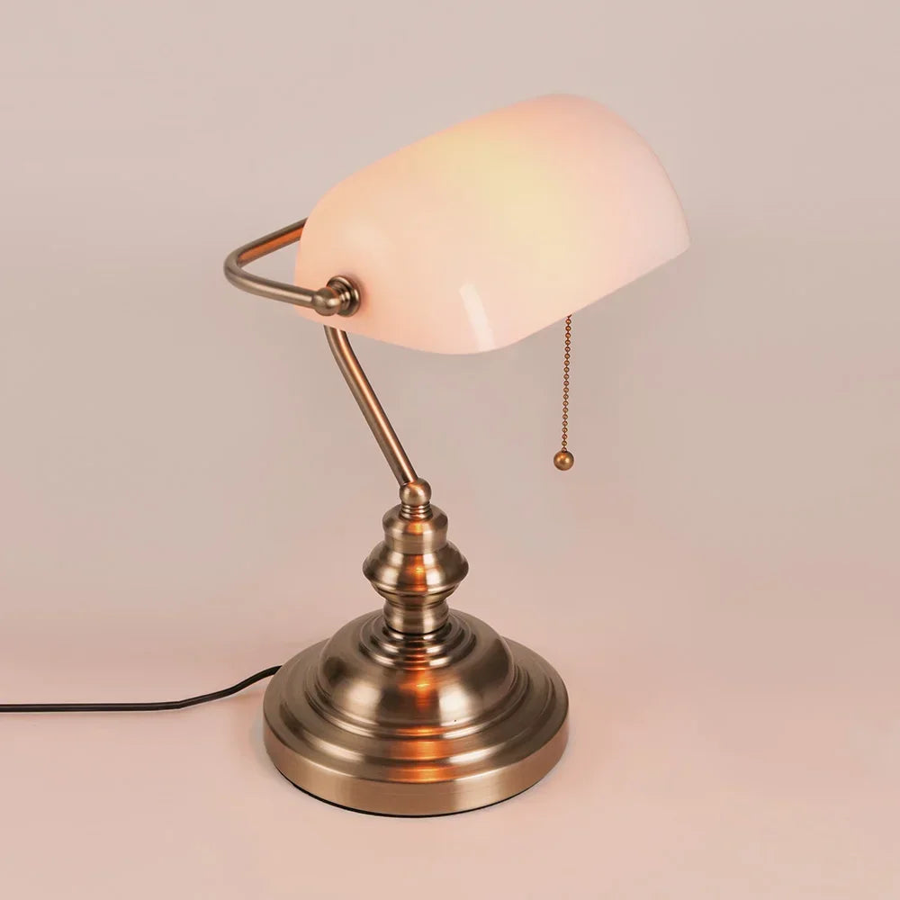 Glass Banker’s Desk Lamp With Zipper Switch Iron Body