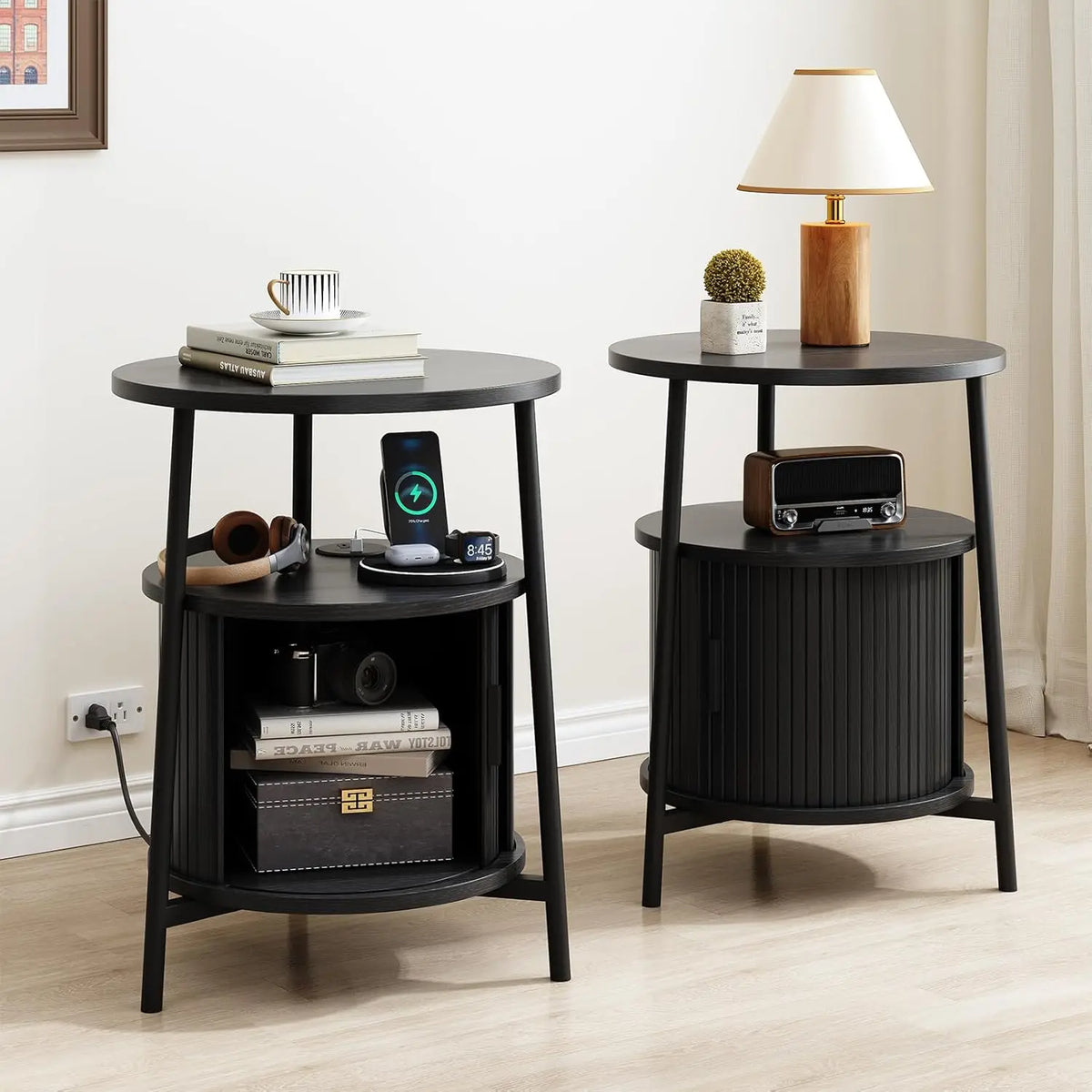 Onbrill Fluted Round End Table Set Of Two Wooden Nightstands