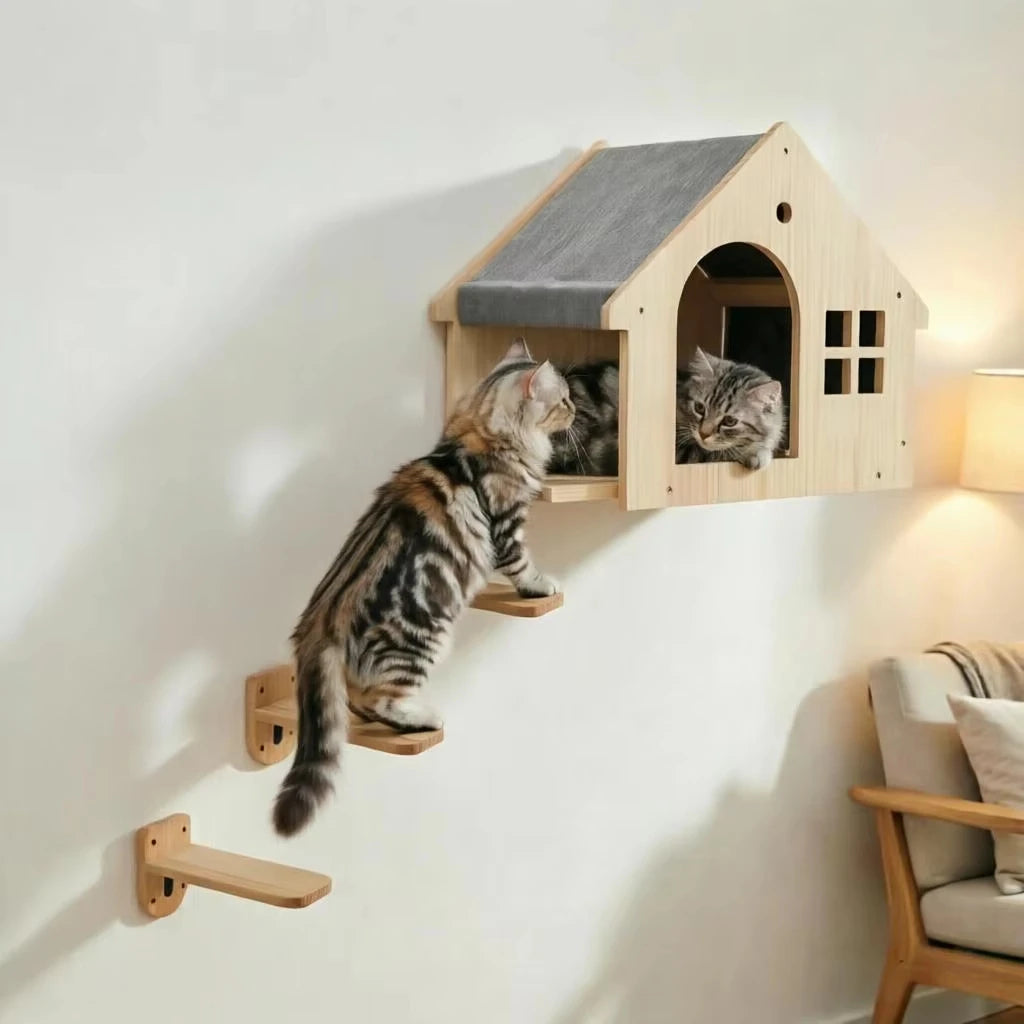 Wooden Wall Mounted Cat Condo Floating Shelf Villa