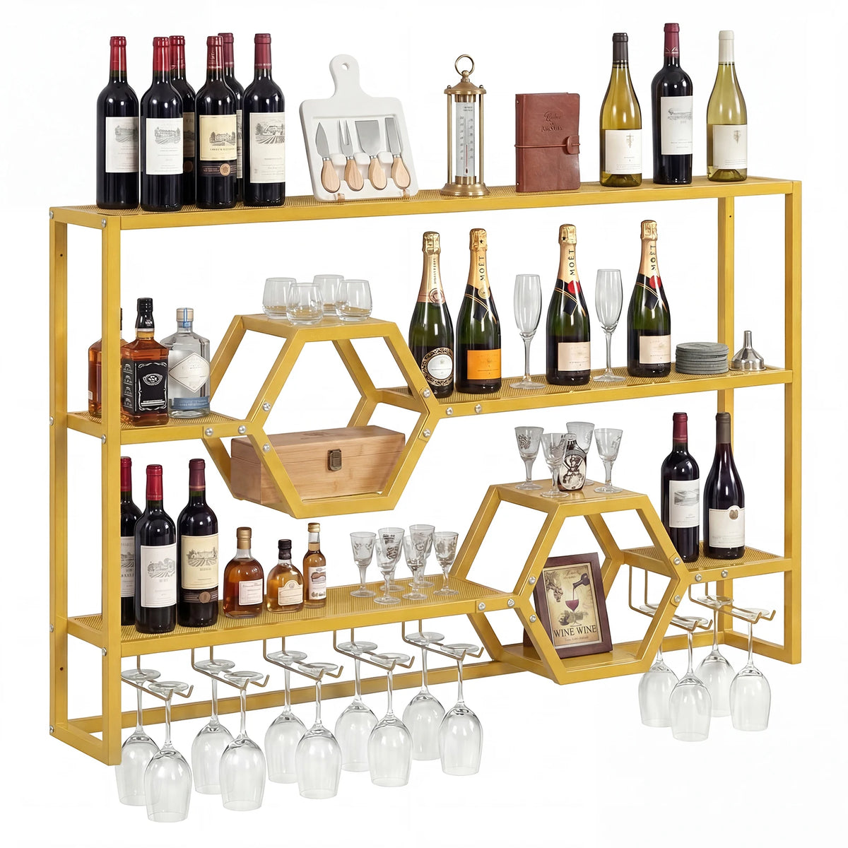 HOMASIS Large Wall Mounted Floating Bar Wine Rack With Glass Holder