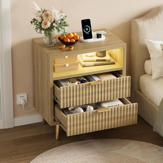 HiMISS Modern LED Nightstand With Charging Station And Two Drawers