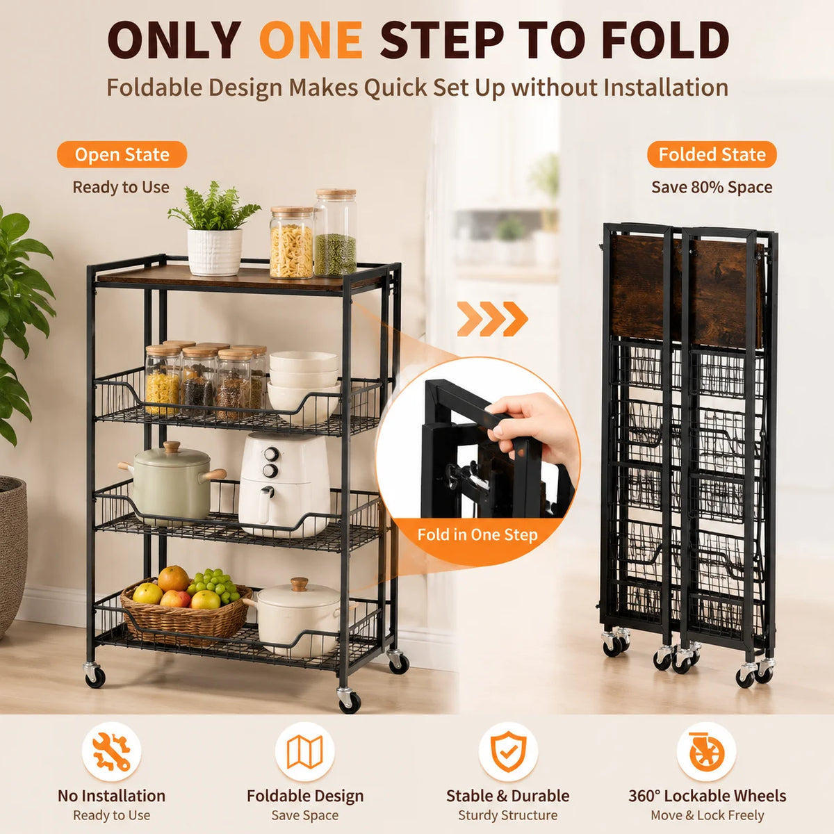 Four Tier Steel Foldable Storage Cart With Lockable Caster Wheels