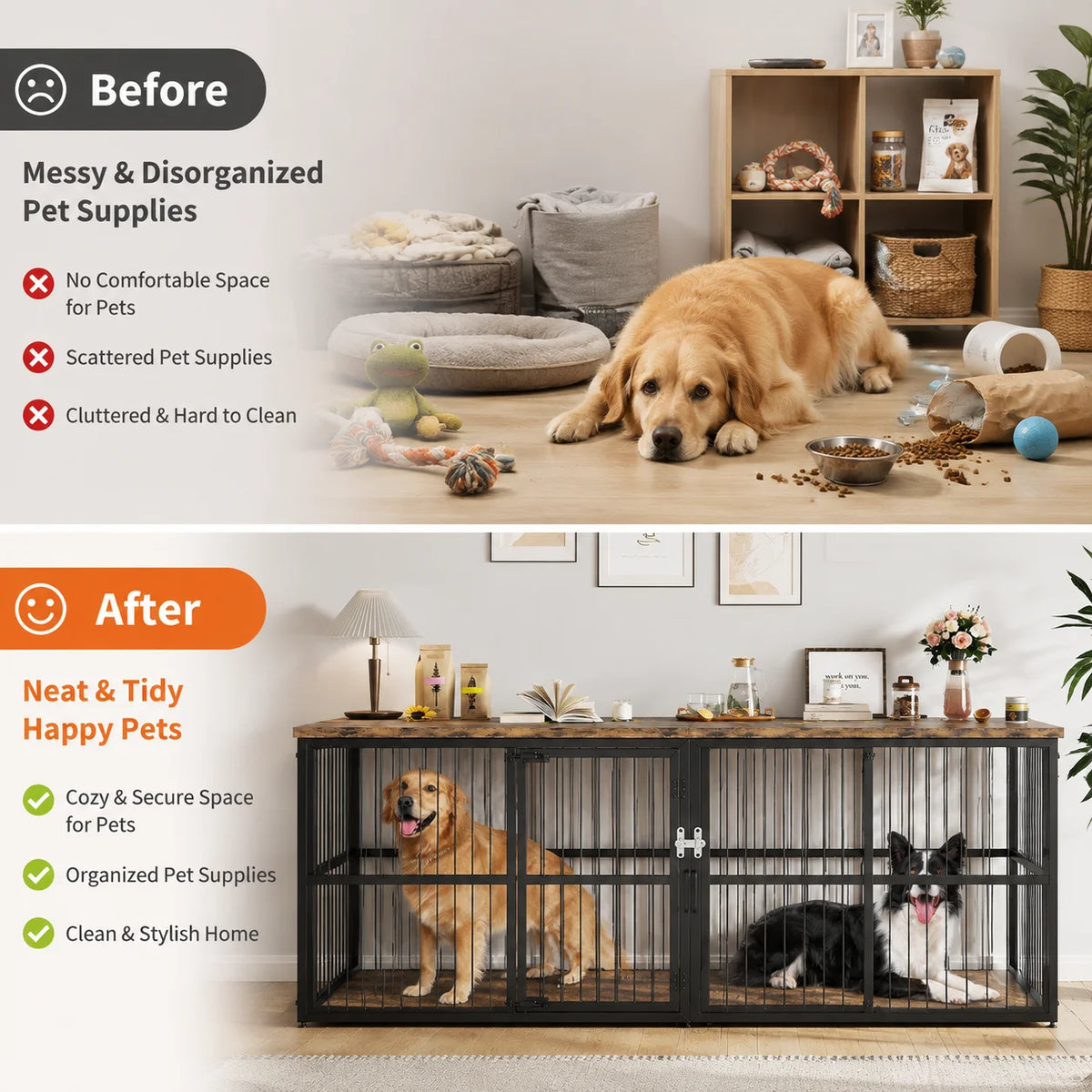 Double Wooden Dog Crate Furniture Cabinet With Divider And Storage