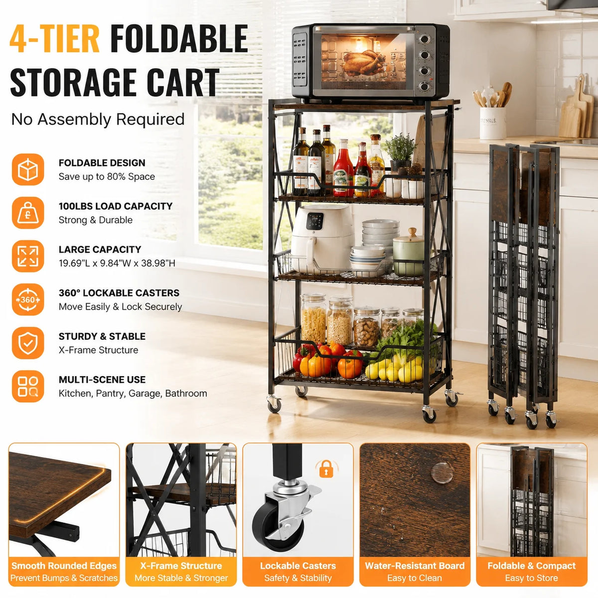 Four Tier Steel Foldable Storage Cart With Lockable Caster Wheels