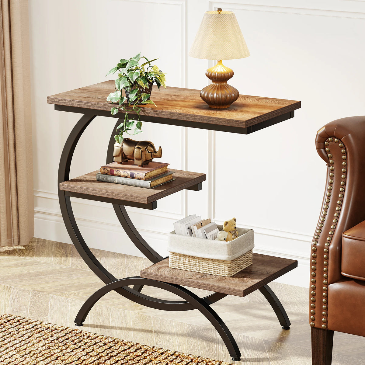 Tribesigns Industrial C Shaped End Table With Three Tier Storage