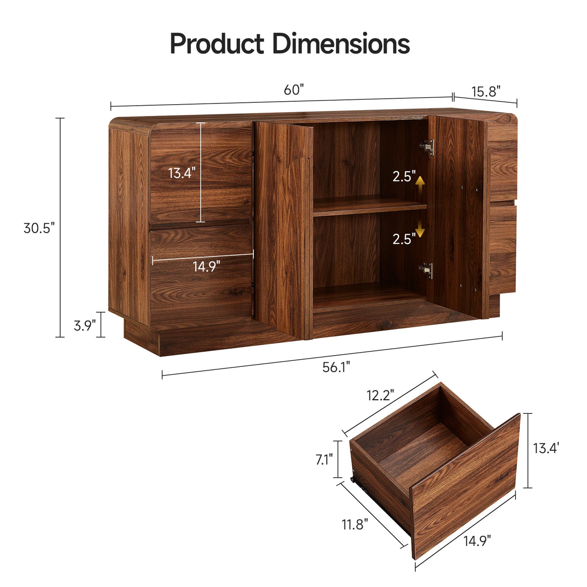 Onbrill Walnut Brown Sideboard With 4 Drawers Curved Cabinet