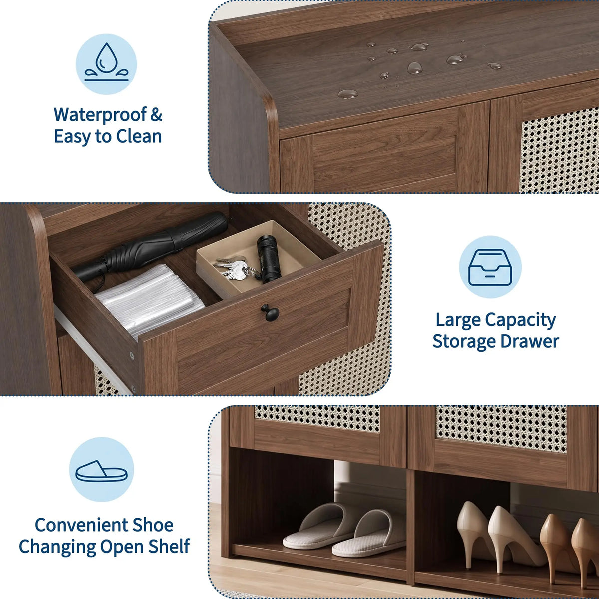 HiMISS Bamboo Rattan Shoe Cabinet With Drawer And Adjustable Shelf