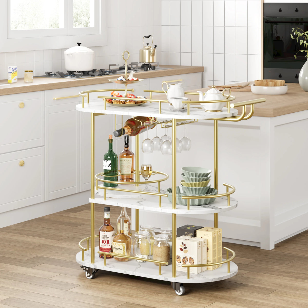 Twister.CK Mobile Bar Cart With Four-Tier Shelves And Wine Rack