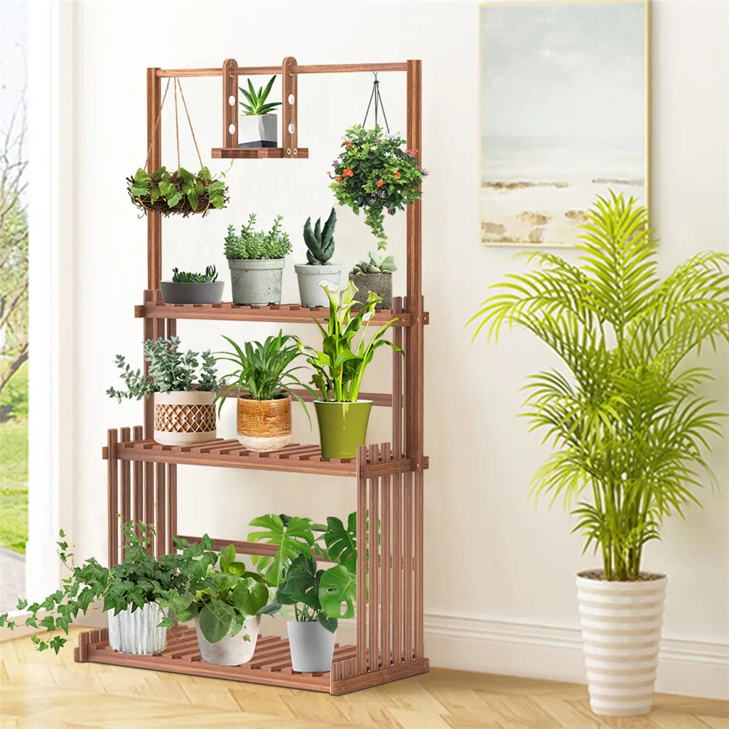 Three-Tier Wood Hanging Plant Stand for Indoor Outdoor Use