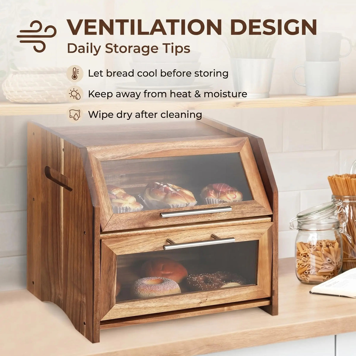 HiMISS Double Layer Acacia Wood Bread Box Clear Vented Doors