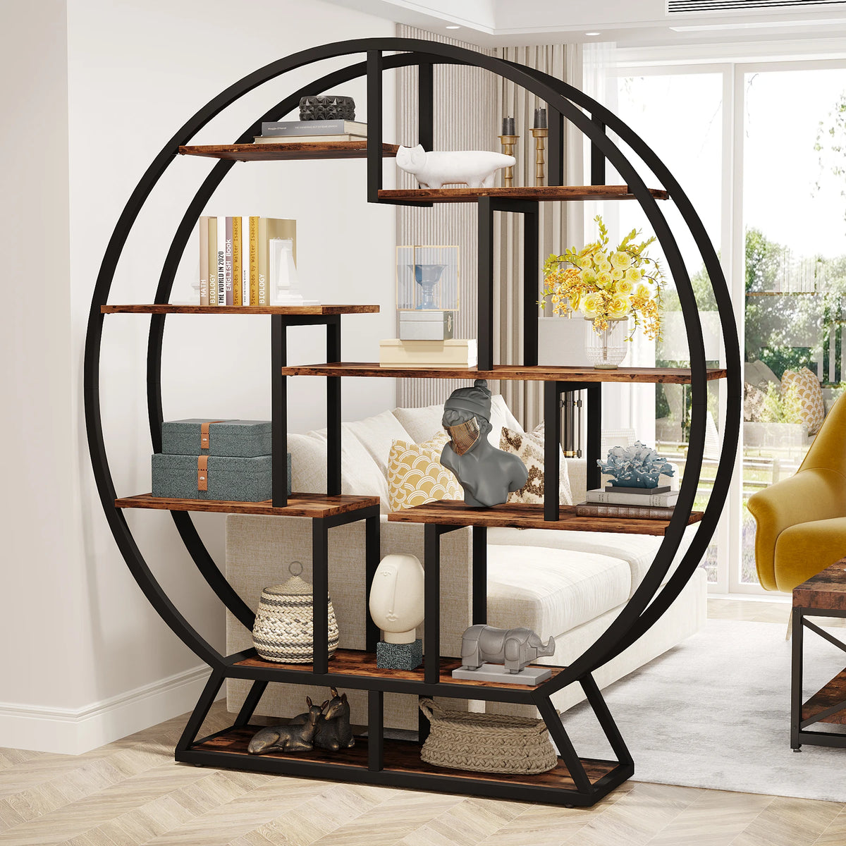 Tribesigns 63 Inch Industrial Round Book Shelf With Staggered Shelves