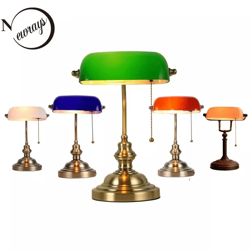 Glass Banker’s Desk Lamp With Zipper Switch Iron Body