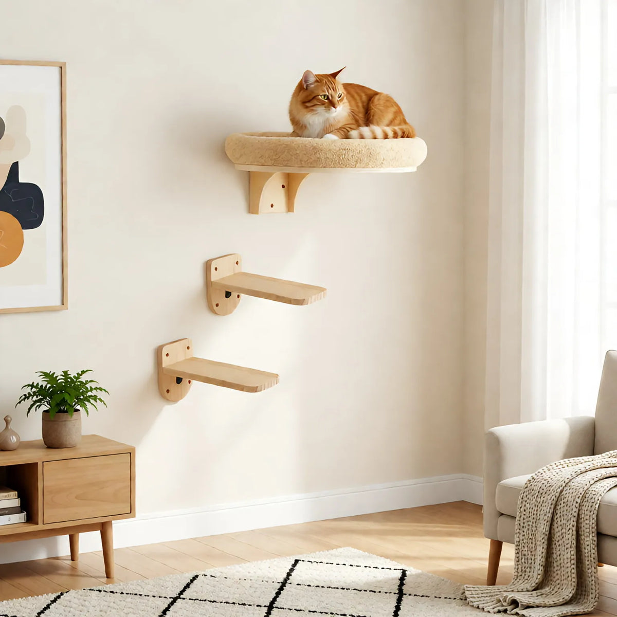 Wall Mounted Wooden Cat Ladder With Hammock And Scratching Post