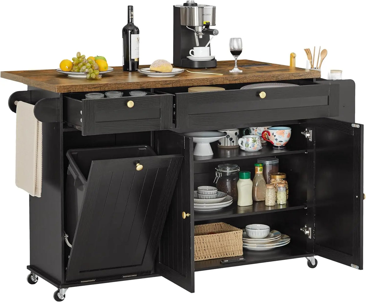 ONBRILL Mobile Kitchen Island Cart With Power Outlet Spice Rack Drop Leaf