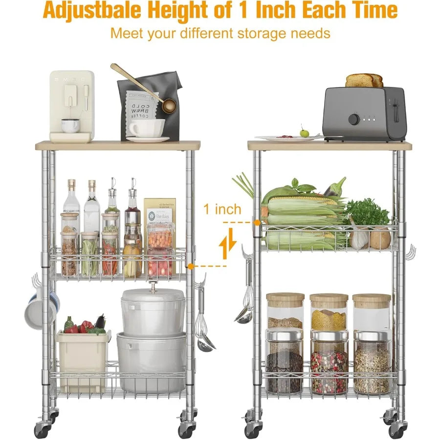 XIUWO 3-Tier Rolling Kitchen Cart with Casters and Adjustable Baskets