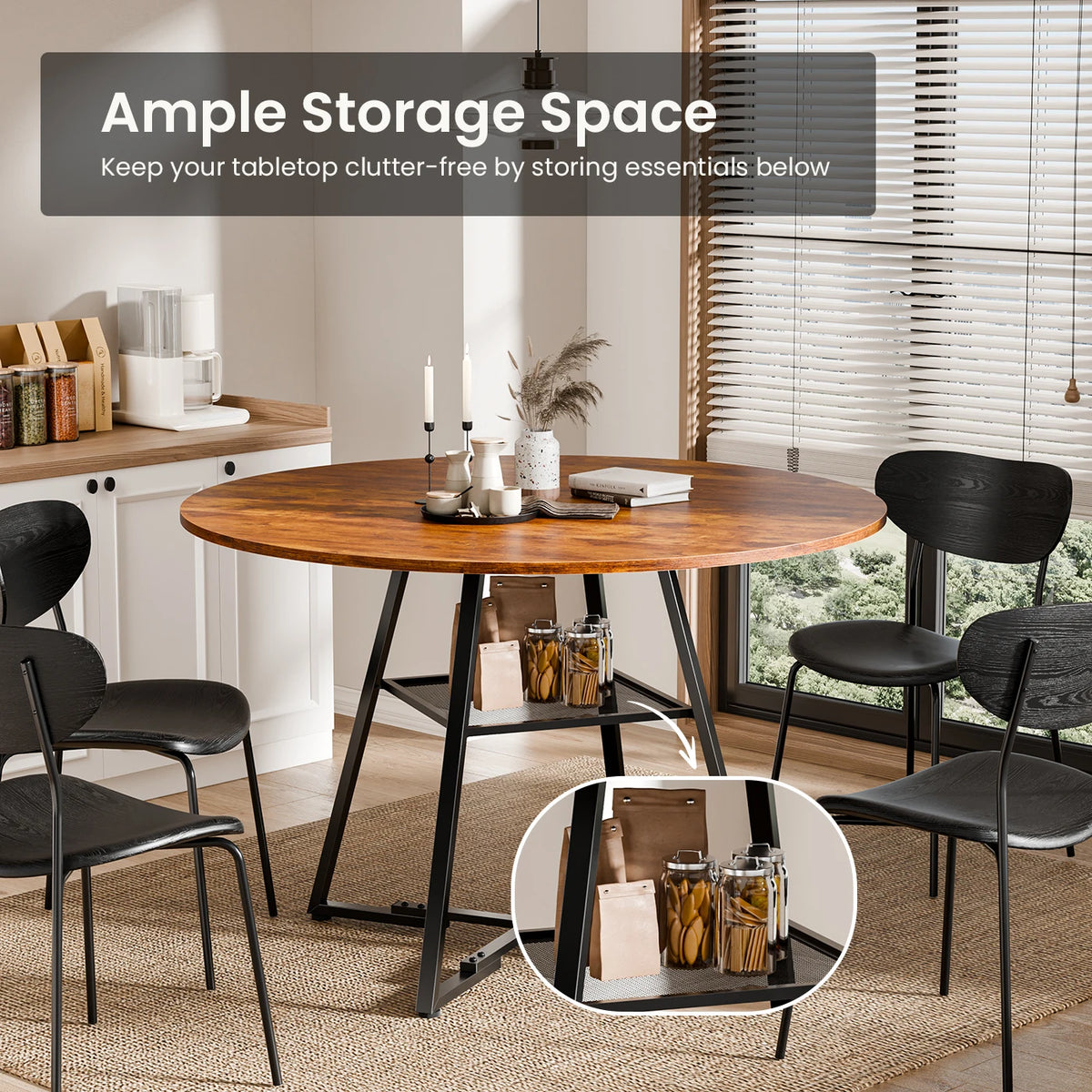 JHK Round Dining Table With Metal Pedestal And Storage Shelf