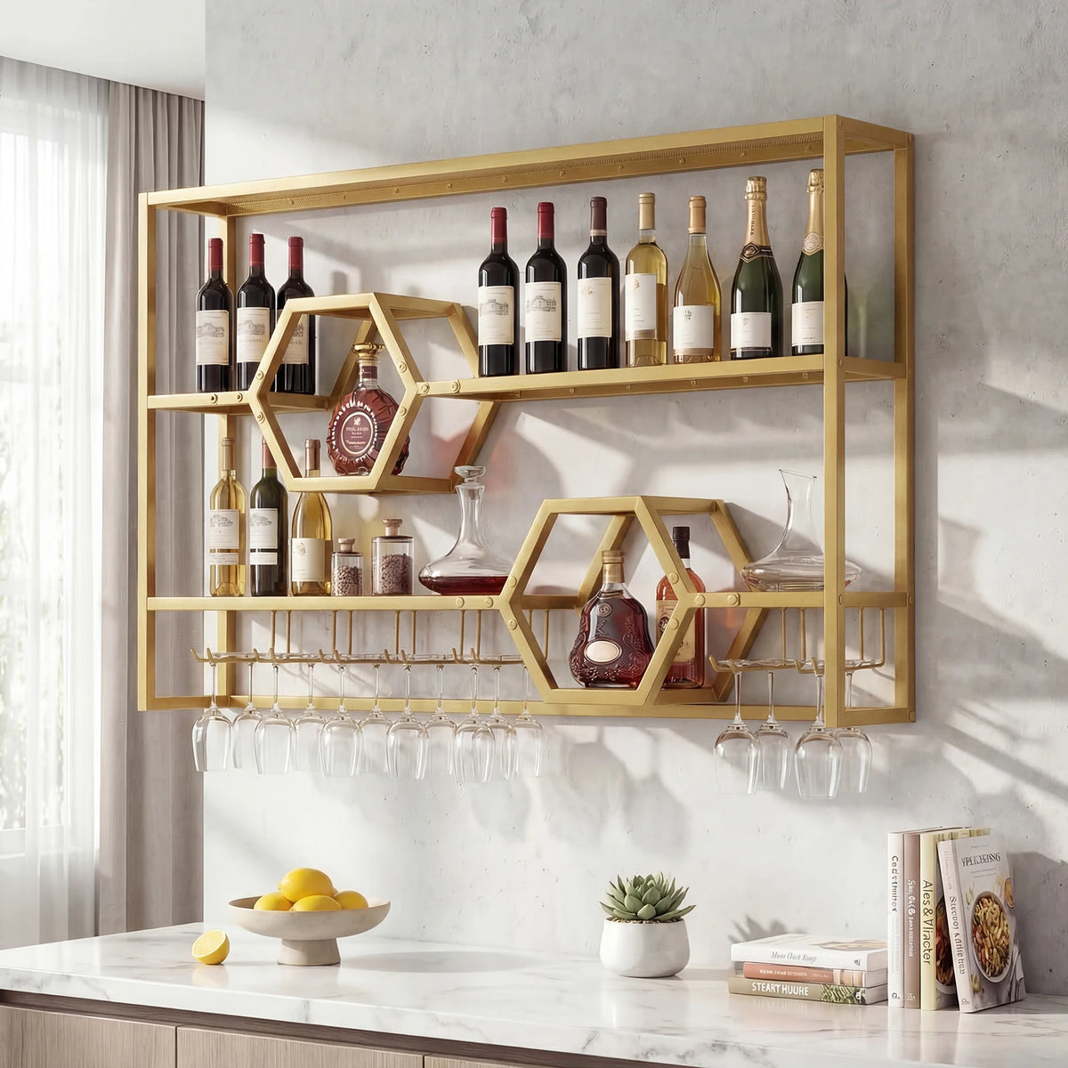 HOMASIS Large Wall Mounted Floating Bar Wine Rack With Glass Holder