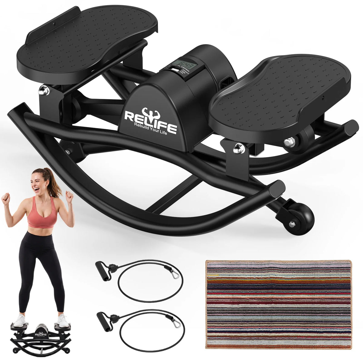 3D Lateral Rocking Stepper With Resistance Bands For Home Fitness
