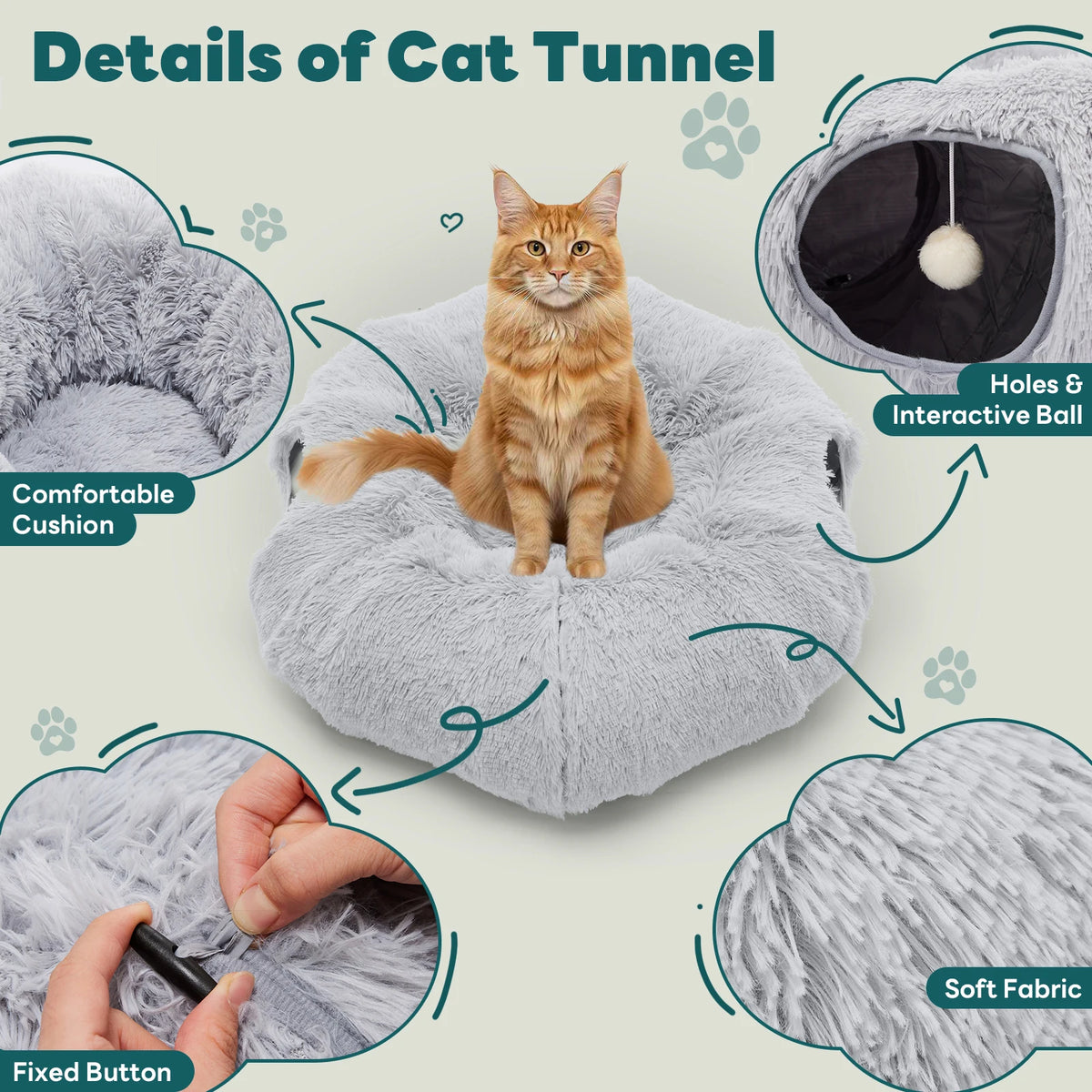 JHK Circular Cat Tunnel Bed Featuring Soft Plush Washable Interior