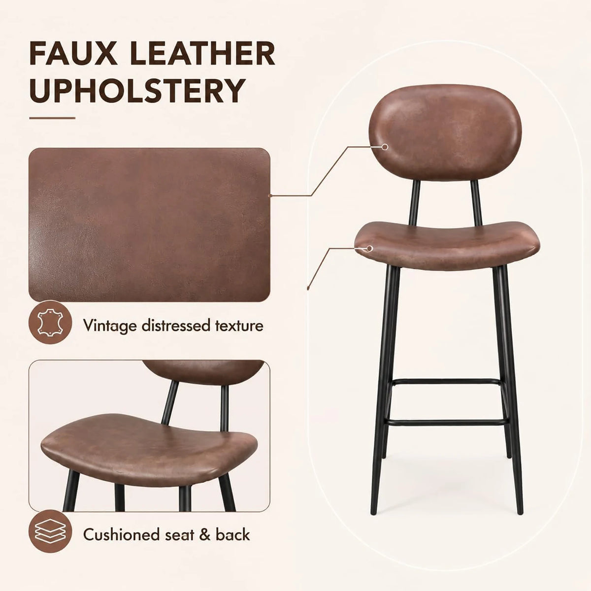 HobbyLane Bar Stools Set of 2 Faux Leather High Back