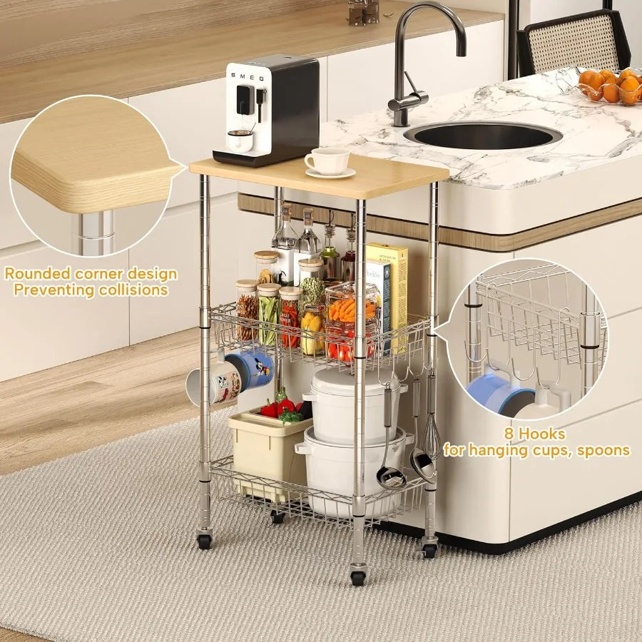 XIUWO 3-Tier Rolling Kitchen Cart with Casters and Adjustable Baskets
