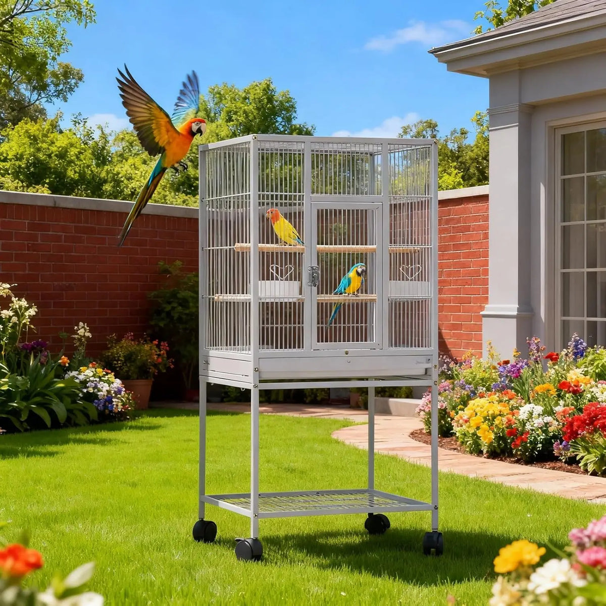 Studyset Wrought Iron Bird Cage With Rolling Stand And Tray