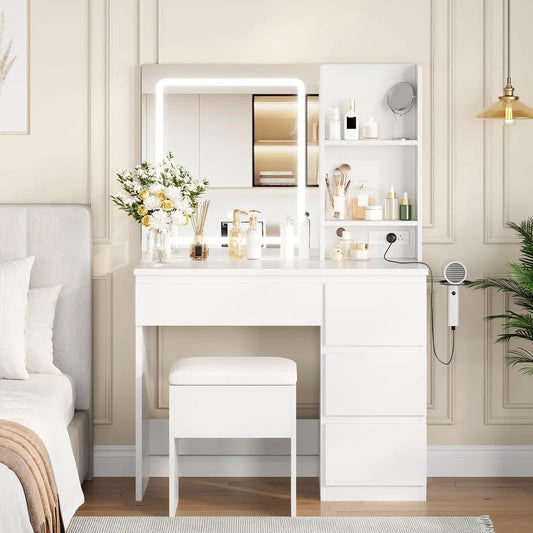 Minimalist Wood Vanity Desk with LED Mirror and Stool