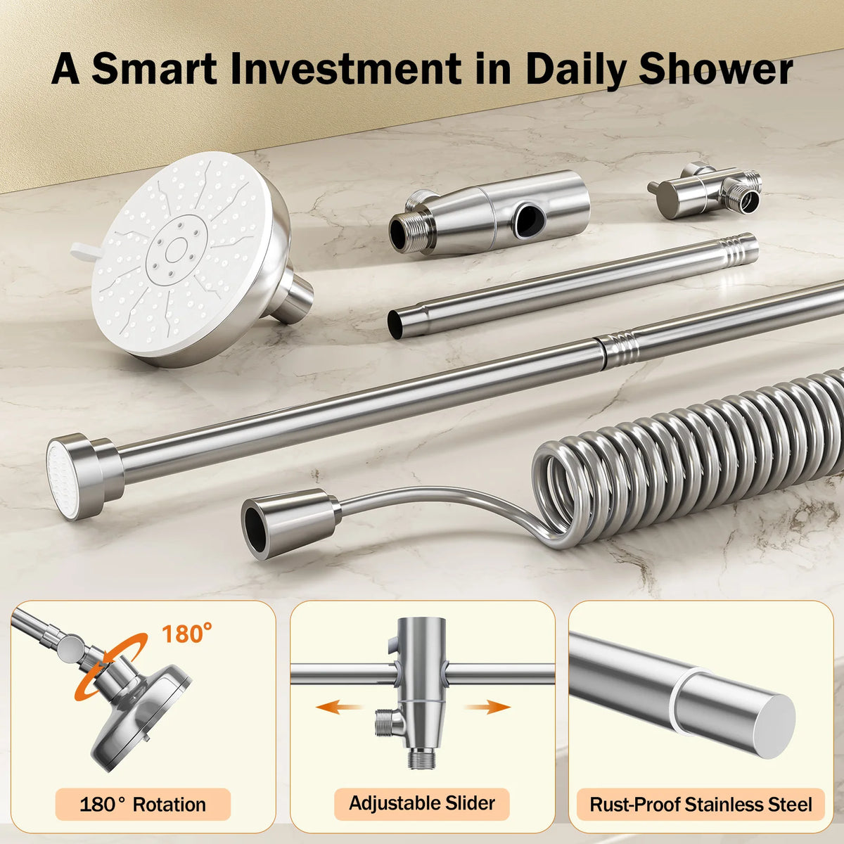 Dual Wall Mounted Stainless Steel Shower Head With Adjustable Slider