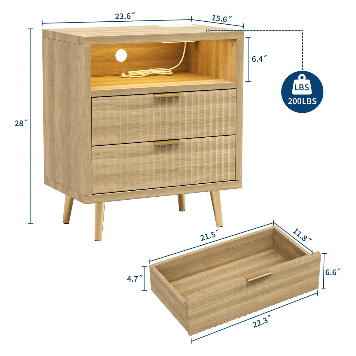 HiMISS Modern LED Nightstand With Charging Station And Two Drawers
