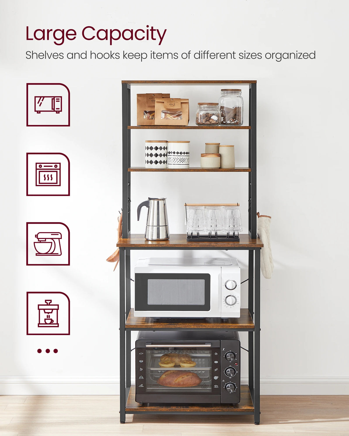 VASAGLE Coffee Bar Baker Rack With Storage And 6 Hooks