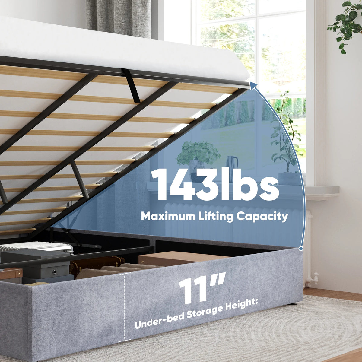 JHK Modern Upholstered Wingback Platform Bed With Hydraulic Lift Storage