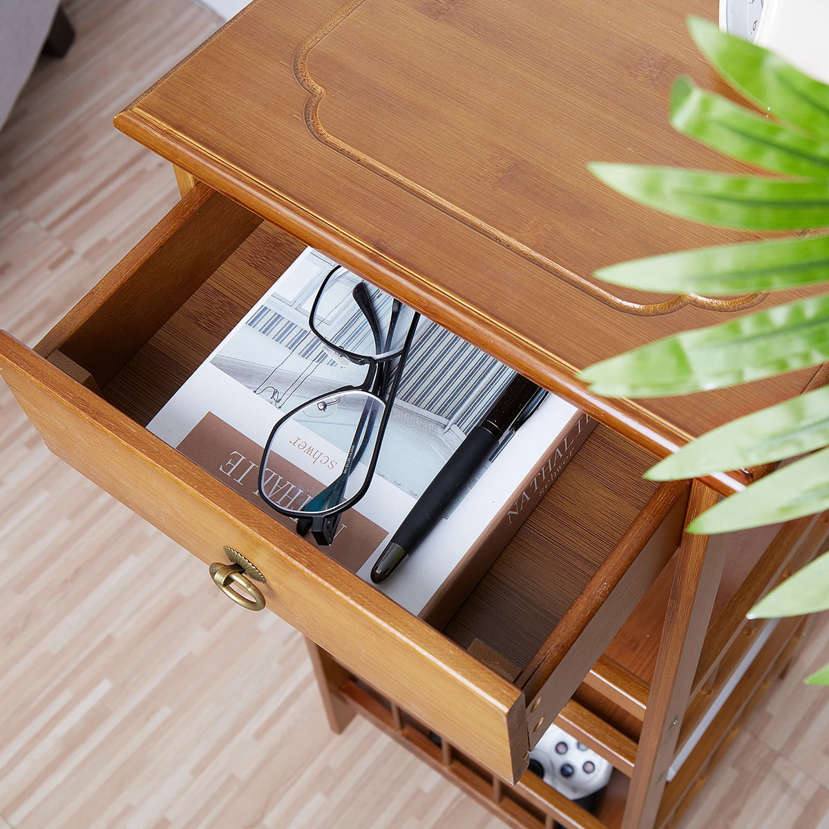 Luvodi Bamboo Bedside Table With Drawer And Storage Shelf
