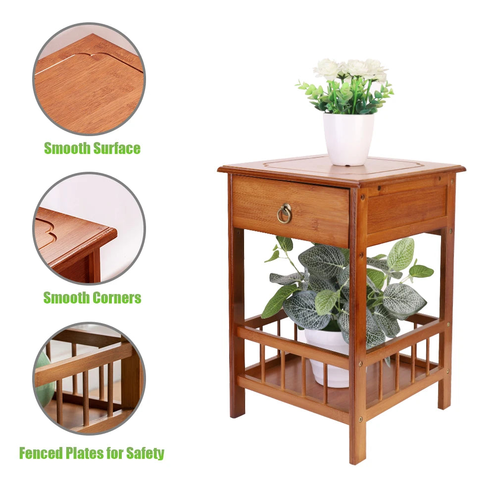Luvodi Bamboo Bedside Table With Drawer And Storage Shelf