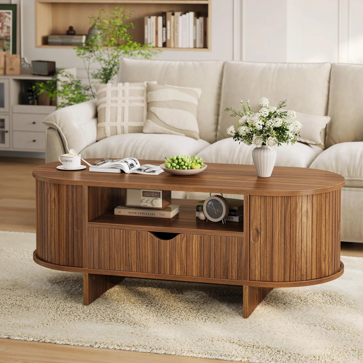 HiMISS Modern Fluted Oval Coffee Table With Drawer Cabinets