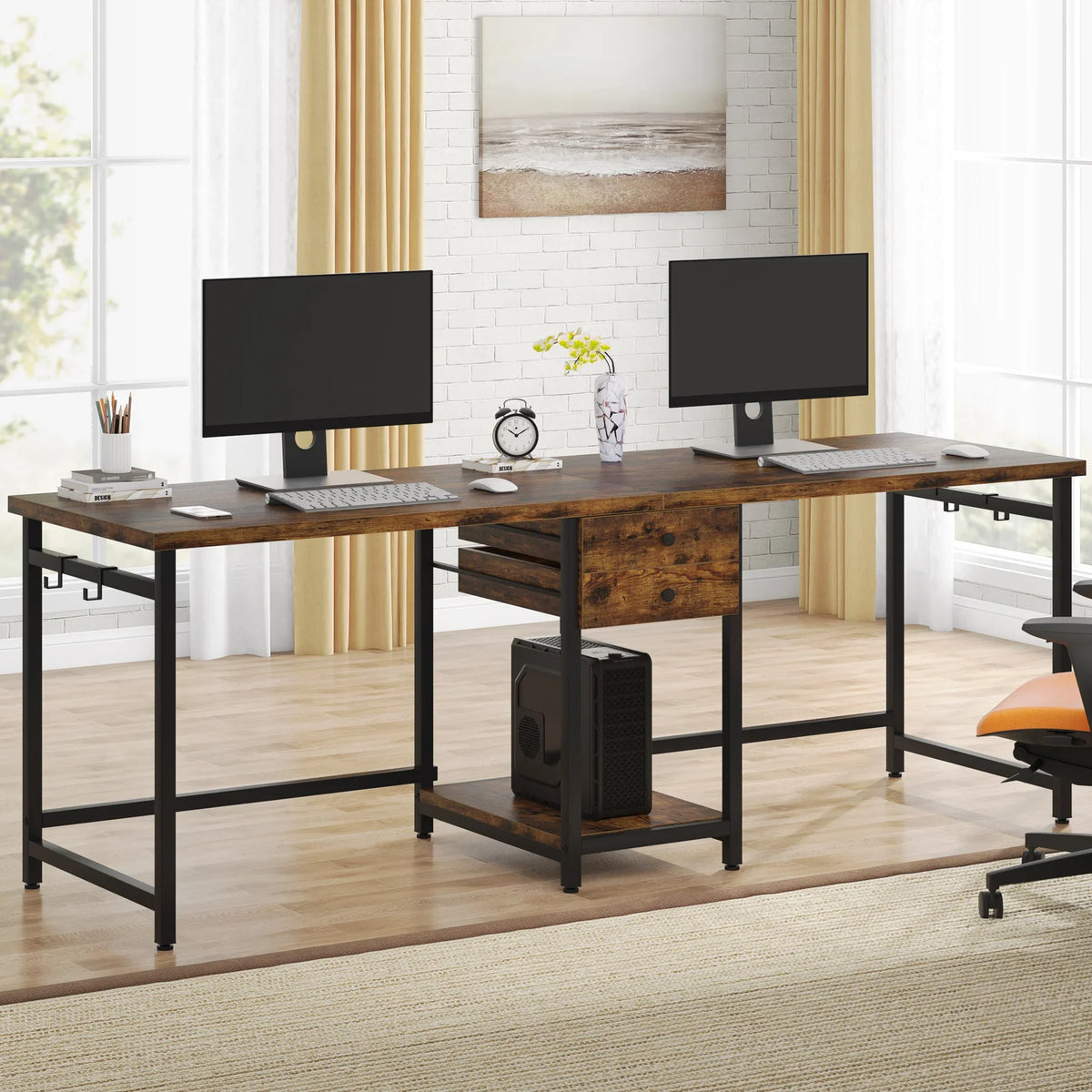 Tribesigns Wooden Double Computer Desk With Drawers And Shelves