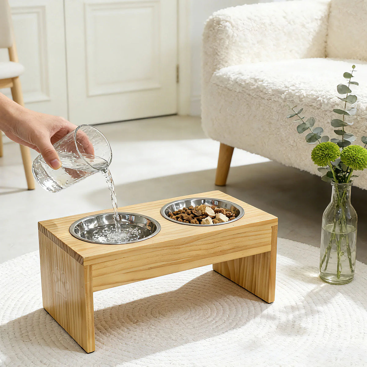 Wooden Elevated Dog Feeder With Stainless Steel Double Bowls