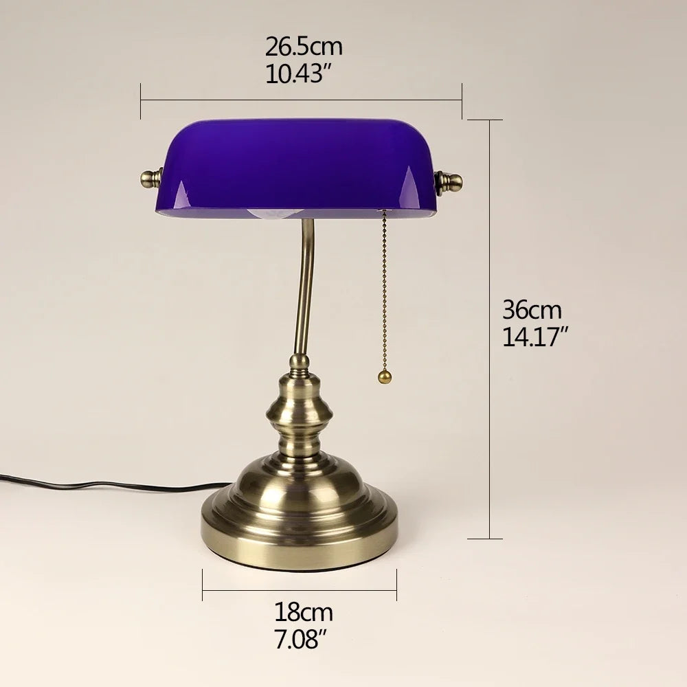 Glass Banker’s Desk Lamp With Zipper Switch Iron Body