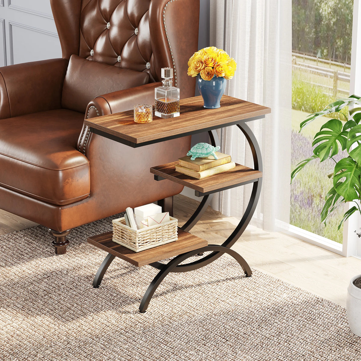 Tribesigns Industrial C Shaped End Table With Three Tier Storage