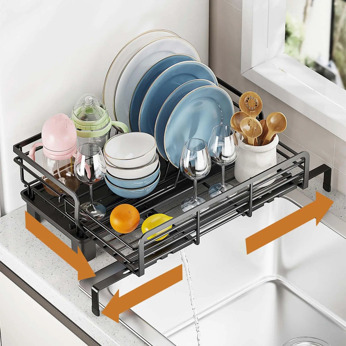 Adjustable Over Sink Stainless Steel Dish Drying Rack With Drainboard