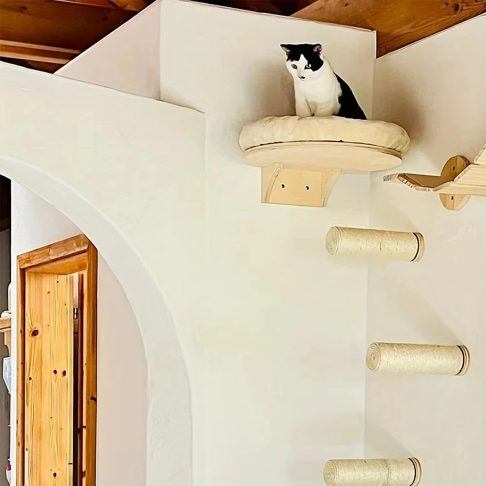 Wall Mounted Wooden Cat Ladder With Hammock And Scratching Post