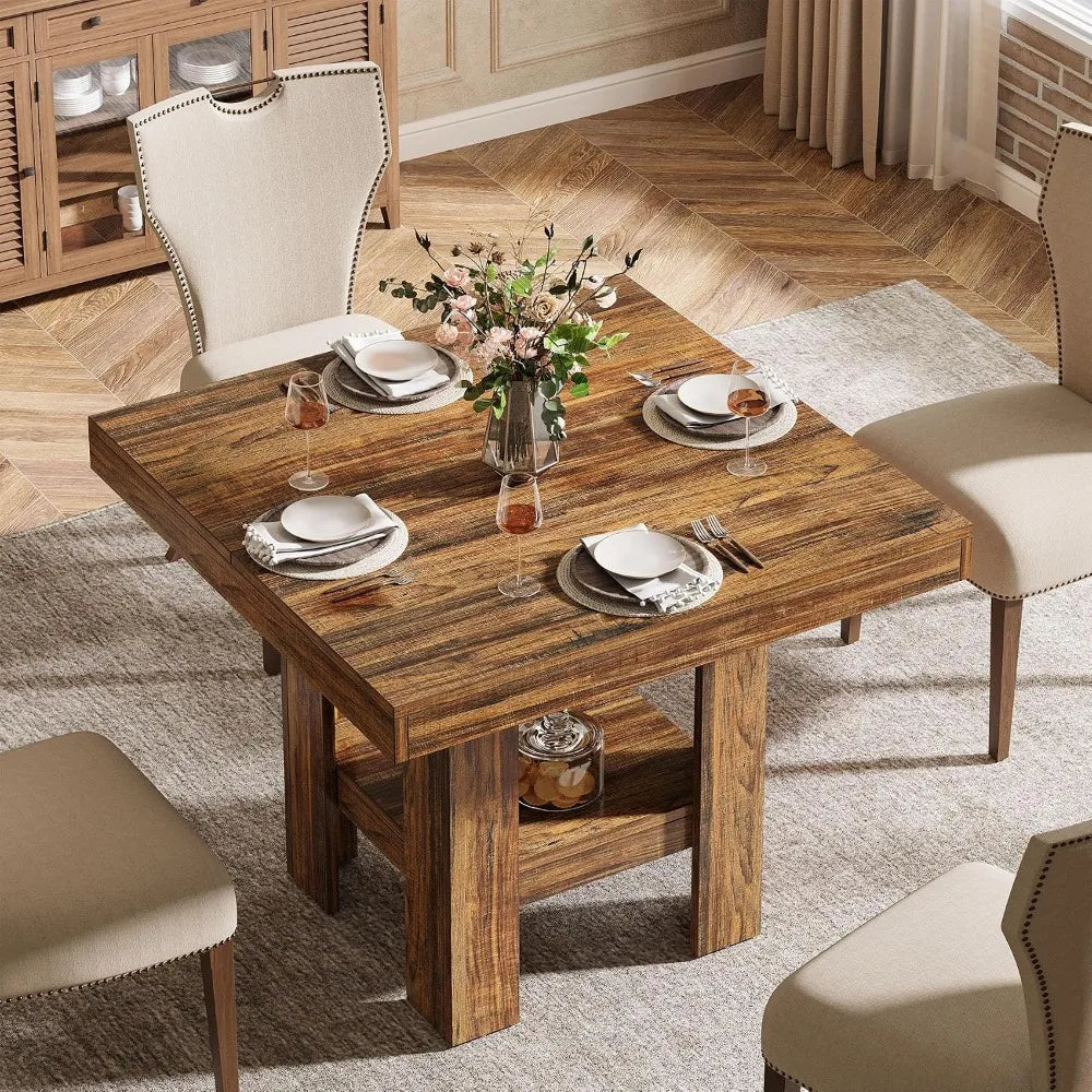 Modern Square Metal Frame Dining Table With Storage Shelf