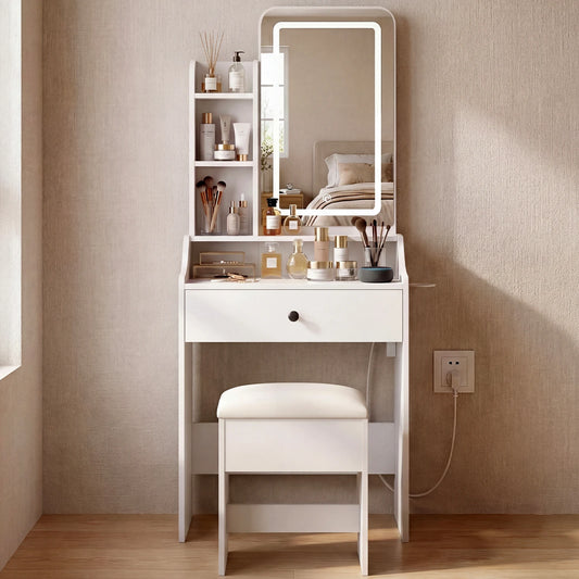 JHK Vanity Table With Mirror Lights Storage Bench Charging Station