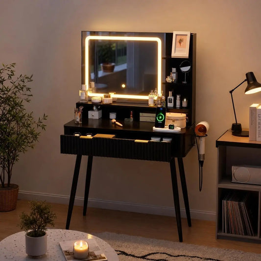 HiMiss Led Vanity Table With Lighted Mirror Storage Drawers