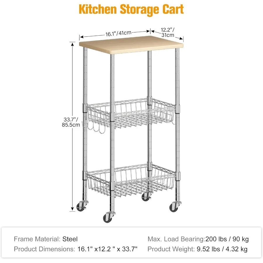 XIUWO 3-Tier Rolling Kitchen Cart with Casters and Adjustable Baskets