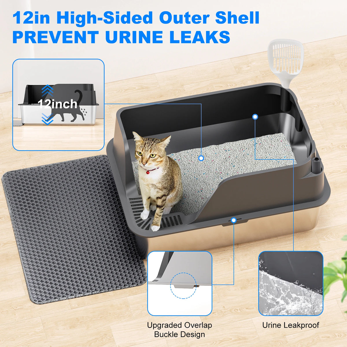 Stainless Steel Cat Litter Box With Splash-Proof Leak-Proof Design