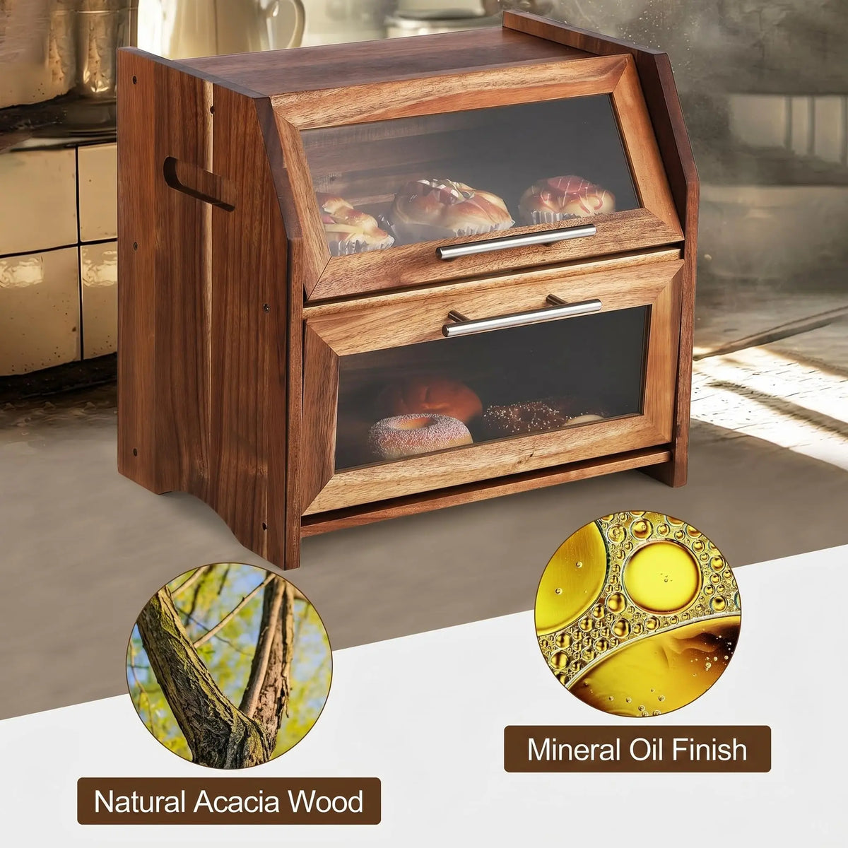 HiMISS Double Layer Acacia Wood Bread Box Clear Vented Doors